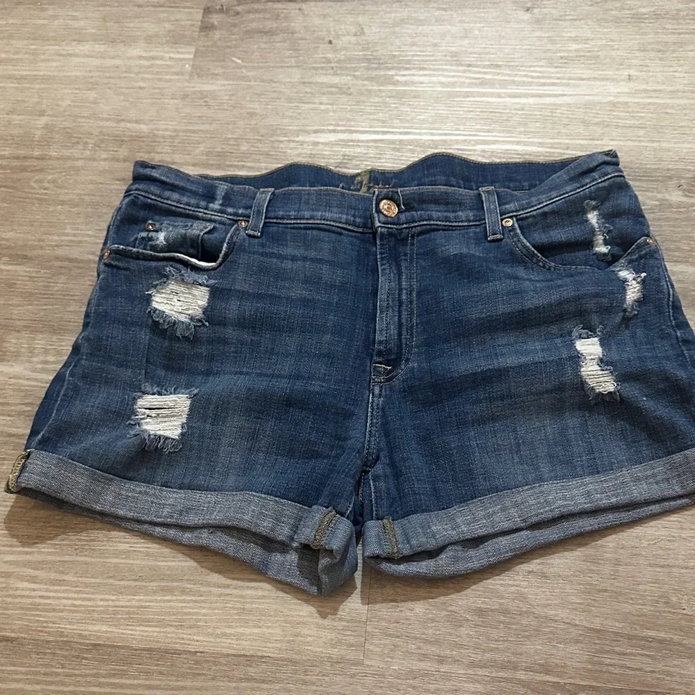 7 For All Mankind Dark Blue Distressed Jean Shorts - Picture 1 of 5